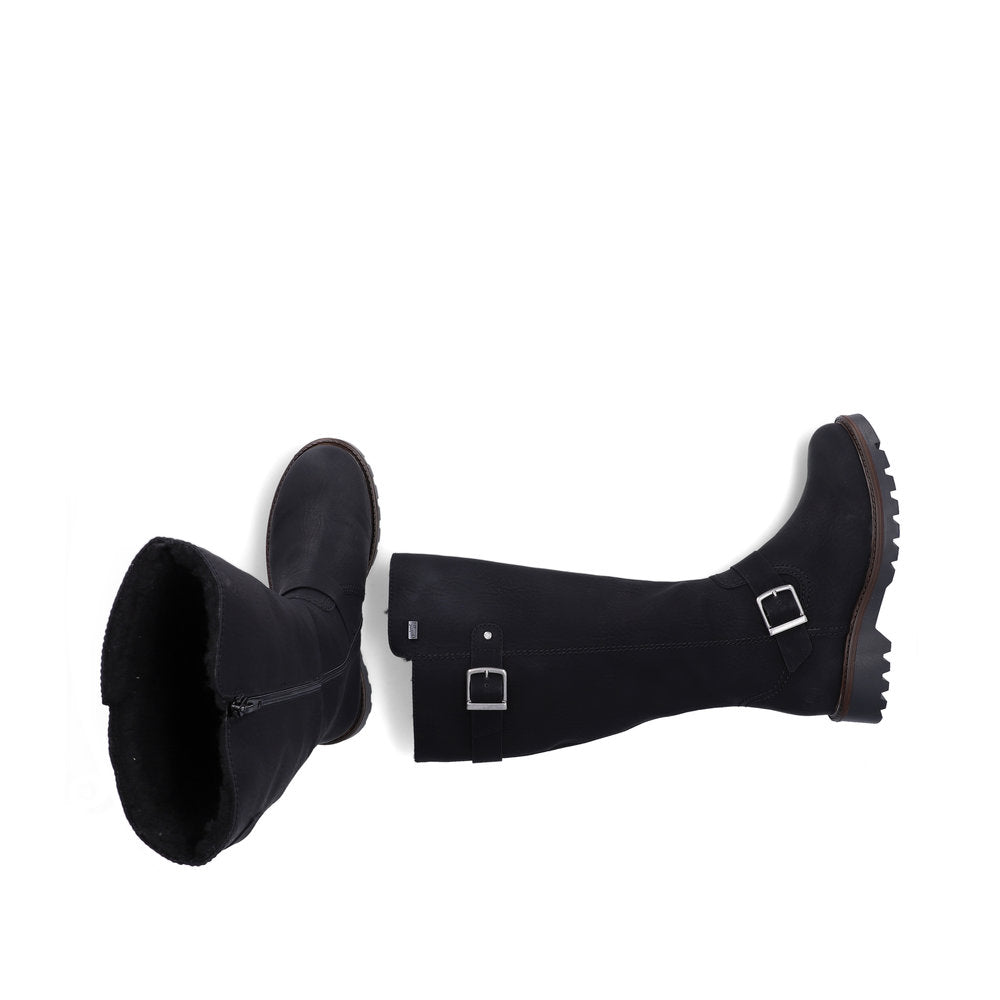 Rieker 73292-00 women's black water resistant side zip mid-calf boots, two-angle product view.