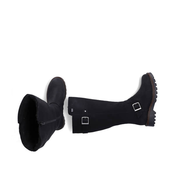 Rieker 73292-00 women's black water resistant side zip mid-calf boots, two-angle product view.
