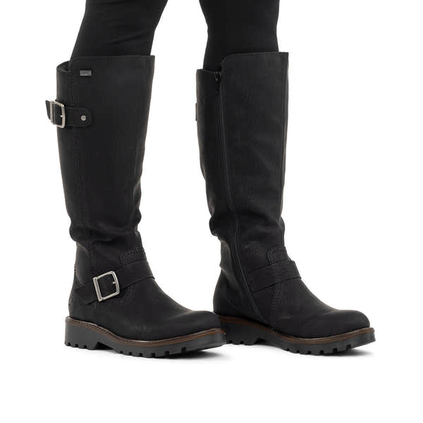 Rieker 73292-00 women's black water resistant side zip mid-calf boots, on-foot lifestyle view.