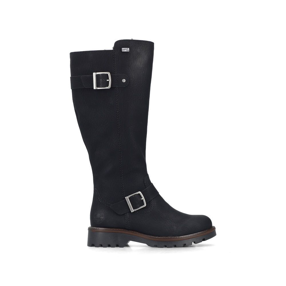 Rieker 73292-00 women's black water resistant side zip mid-calf boots, opposite side view.