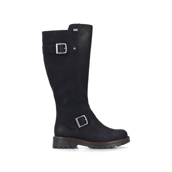 Rieker 73292-00 women's black water resistant side zip mid-calf boots, opposite side view.