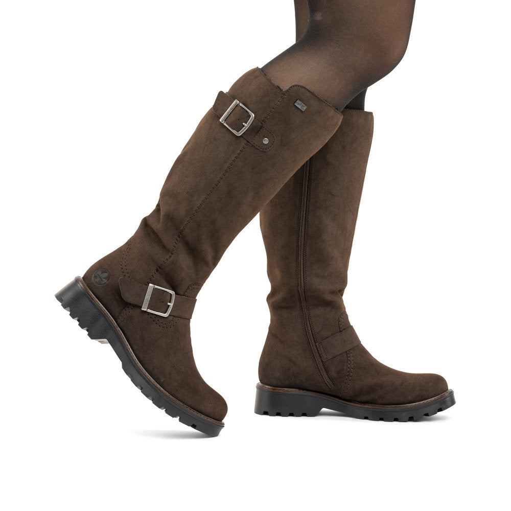 Rieker 73292-25 women's brown water resistant side zip mid-calf boots, lifestyle view 1 of 4.