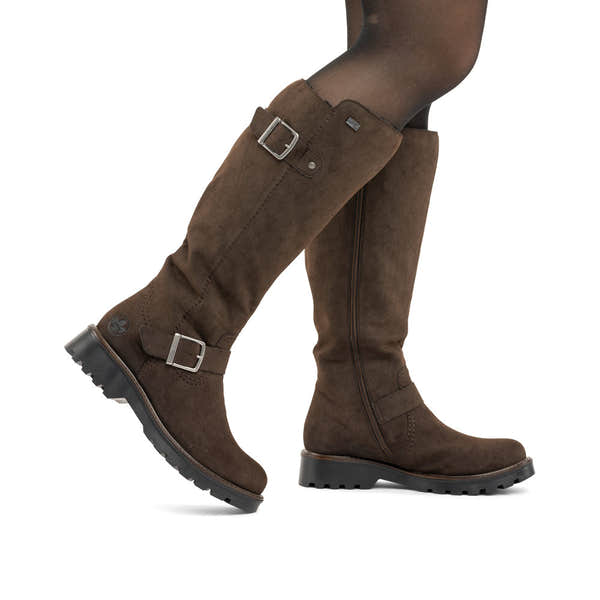 Rieker 73292-25 women's brown water resistant side zip mid-calf boots, lifestyle view 2 of 4.