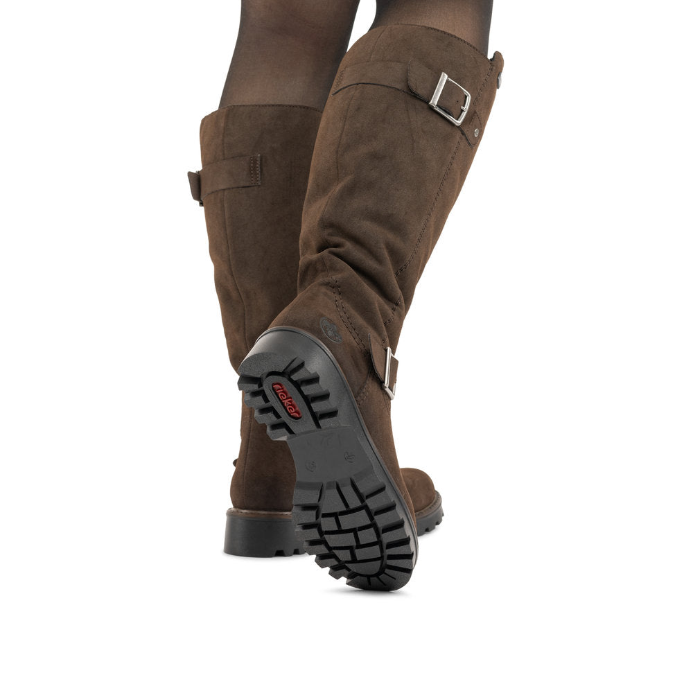 Rieker 73292-25 women's brown water resistant side zip mid-calf boots, lifestyle view 3 of 4.