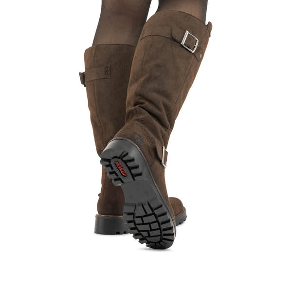 Rieker 73292-25 women's brown water resistant side zip mid-calf boots, lifestyle view 4 of 4.