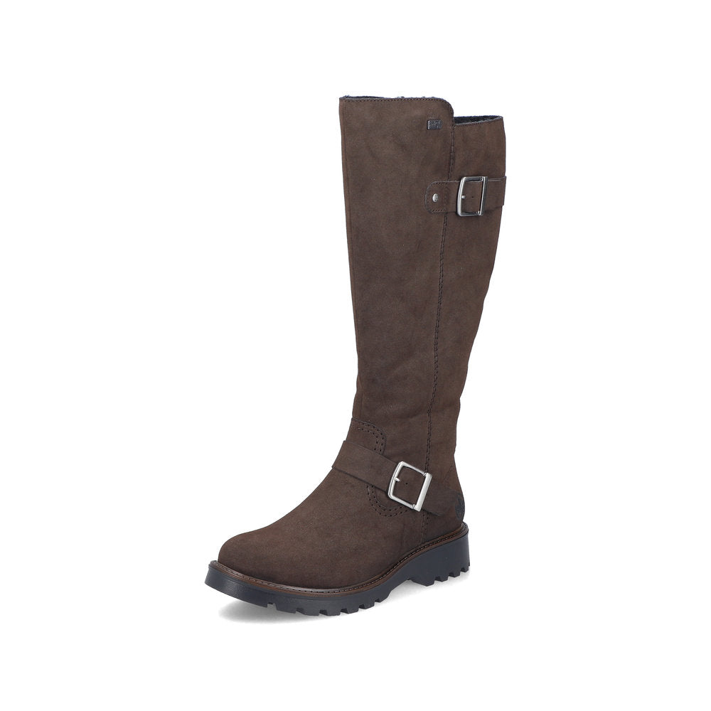Rieker 73292-25 women's brown water resistant side zip mid-calf boots, front three-quarter view.