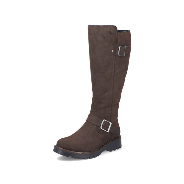 Rieker 73292-25 women's brown water resistant side zip mid-calf boots, front three-quarter view.