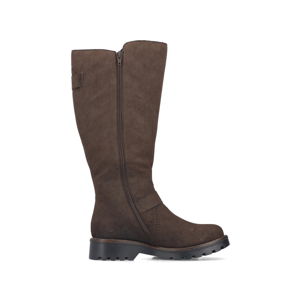 Rieker 73292-25 women's brown water resistant side zip mid-calf boots, outer side view.