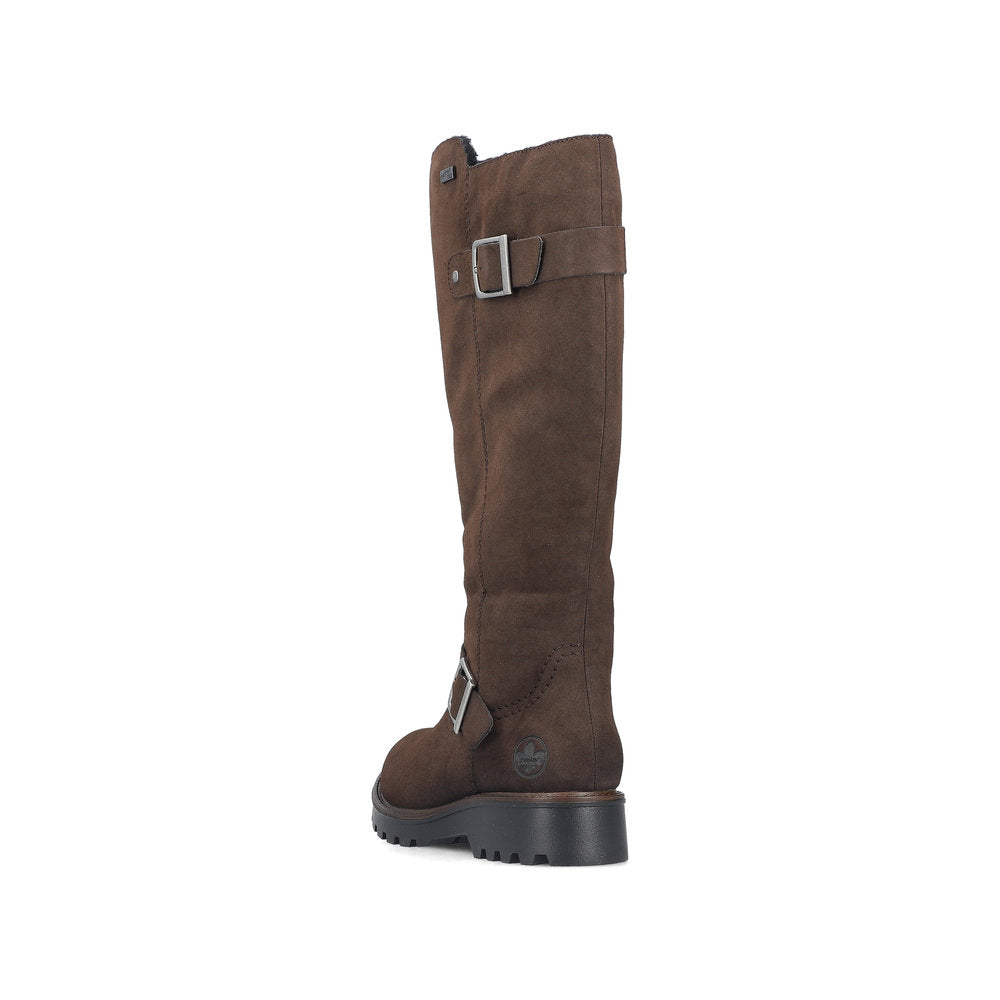Rieker 73292-25 women's brown water resistant side zip mid-calf boots, rear three-quarter view.