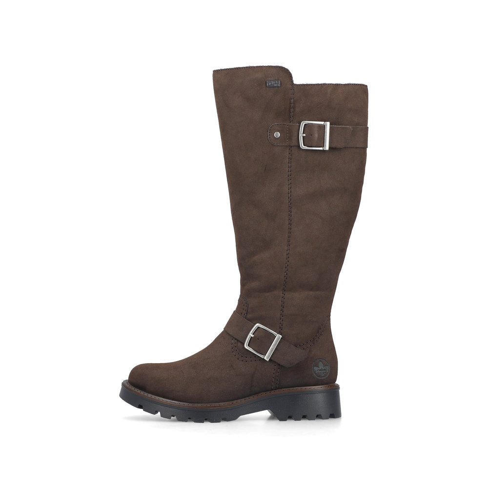 Rieker 73292-25 women's brown water resistant side zip mid-calf boots, inner side view.