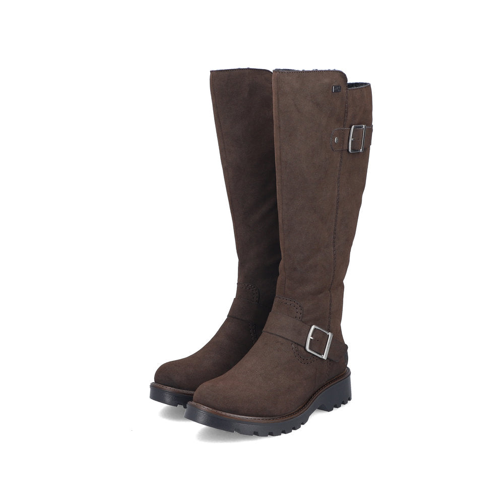 Rieker 73292-25 women's brown water resistant side zip mid-calf boots, paired three-quarter view.