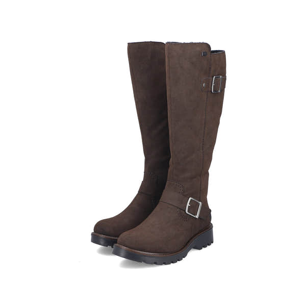 Rieker 73292-25 women's brown water resistant side zip mid-calf boots, paired three-quarter view.