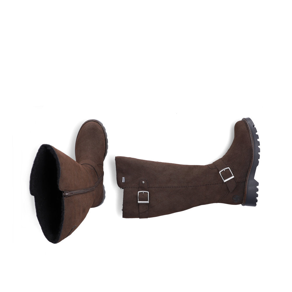 Rieker 73292-25 women's brown water resistant side zip mid-calf boots, two-angle product view.