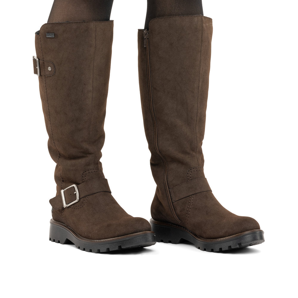 Rieker 73292-25 women's brown water resistant side zip mid-calf boots, on-foot lifestyle view.