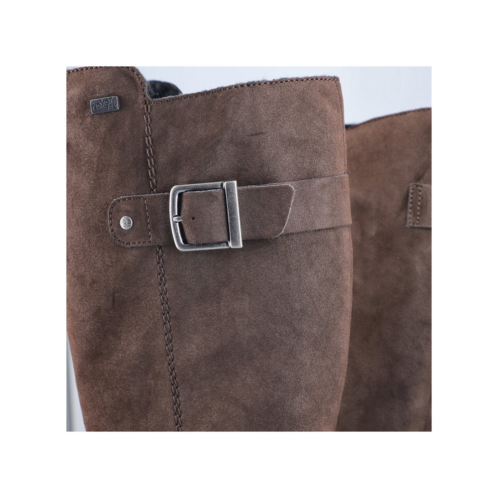 Rieker 73292-25 women's brown water resistant side zip mid-calf boots, lifestyle view.