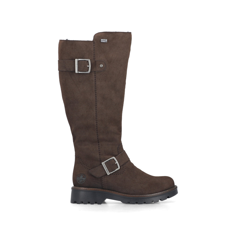 Rieker 73292-25 women's brown water resistant side zip mid-calf boots, opposite side view.