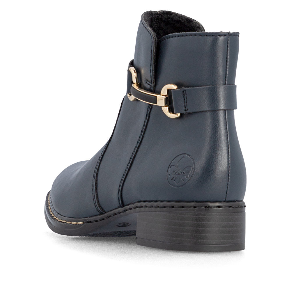 Rieker 73487-14 women's ocean side zip mid-calf boots, rear three-quarter view.