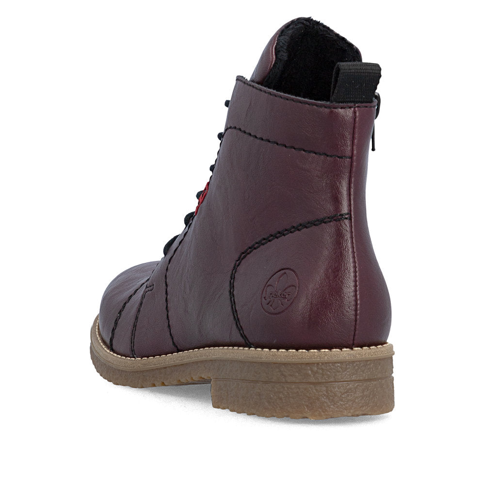 Rieker 73500-30 women's burgundy zip & lace ankle boots, rear three-quarter view.