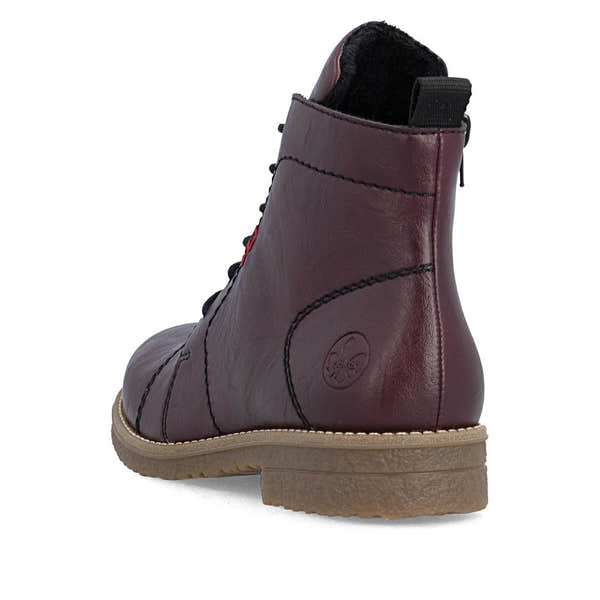 Rieker 73500-30 women's burgundy zip & lace ankle boots, rear three-quarter view.