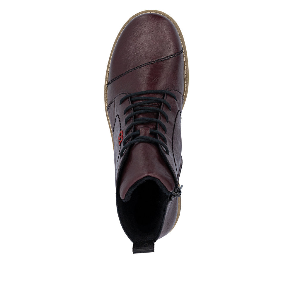 Rieker 73500-30 women's burgundy zip & lace ankle boots, top view.