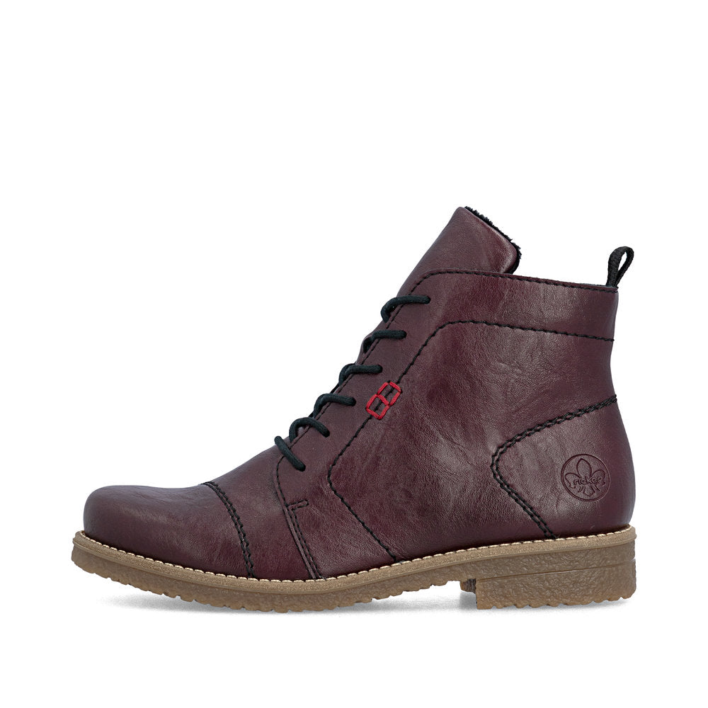 Rieker 73500-30 women's burgundy zip & lace ankle boots, inner side view.