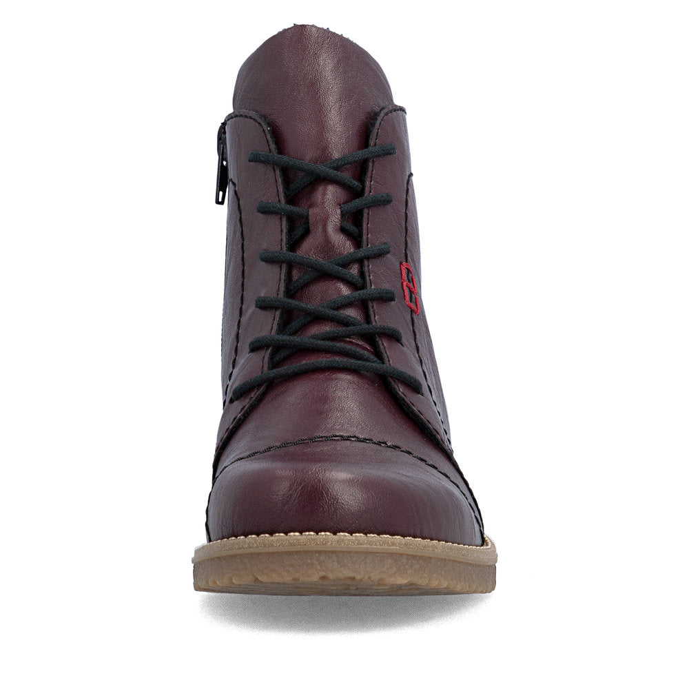 Rieker 73500-30 women's burgundy zip & lace ankle boots, front view.