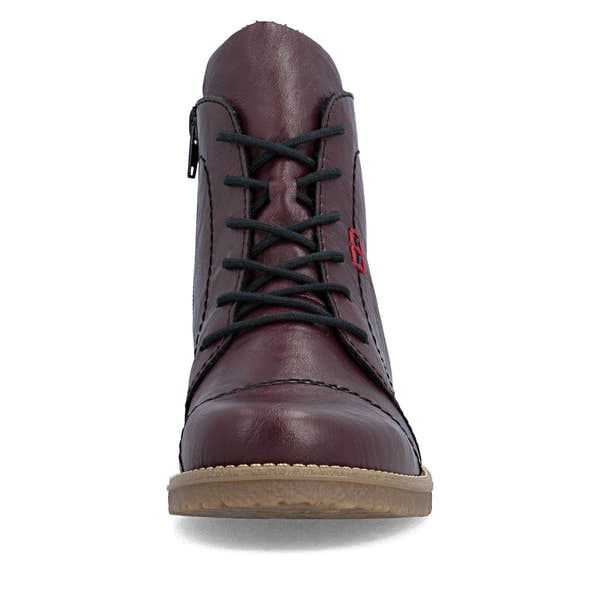 Rieker 73500-30 women's burgundy zip & lace ankle boots, front view.