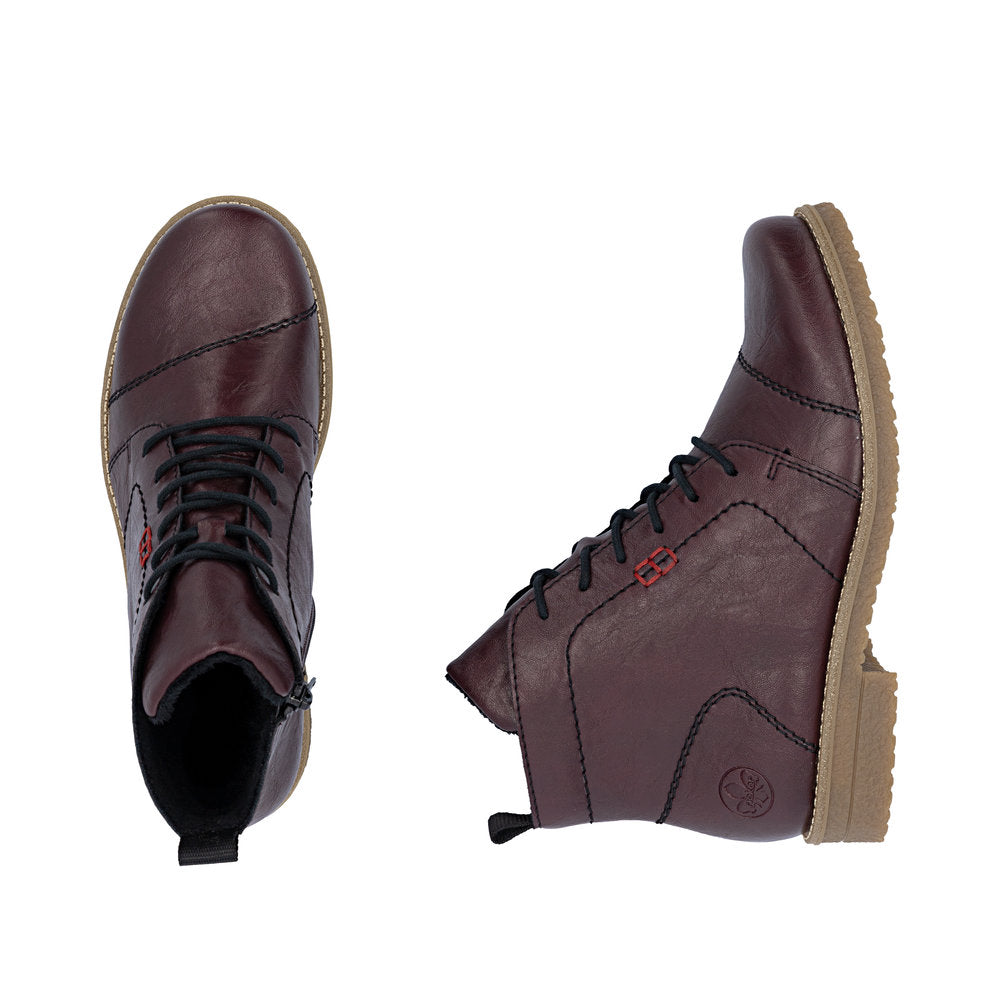 Rieker 73500-30 women's burgundy zip & lace ankle boots, two-angle product view.