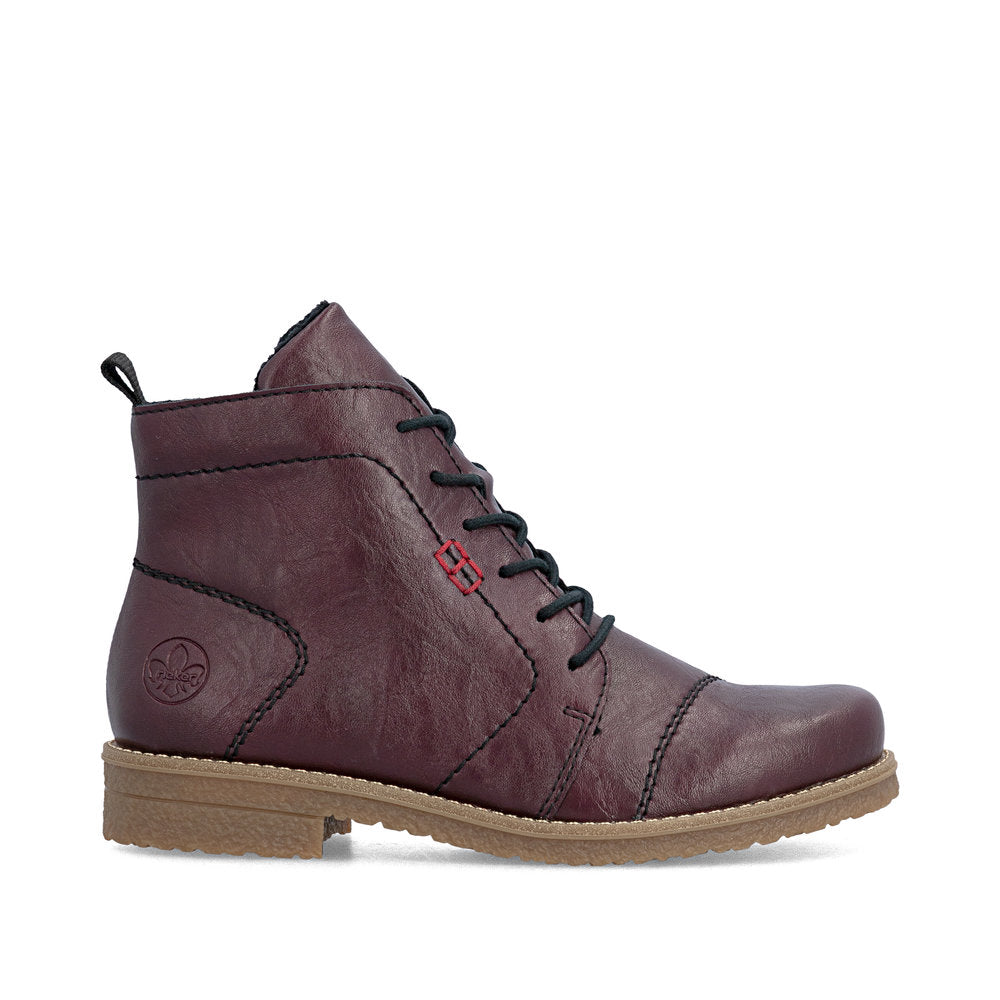 Rieker 73500-30 women's burgundy zip & lace ankle boots, opposite side view.