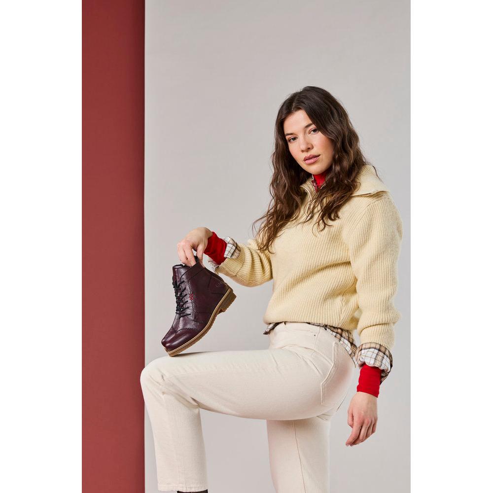 Rieker 73500-30 women's burgundy zip & lace ankle boots, lifestyle view 2 of 7.