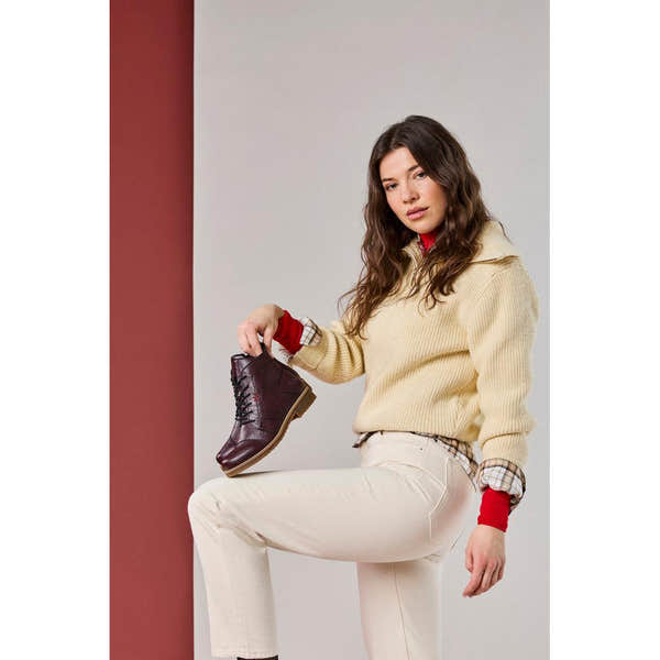Rieker 73500-30 women's burgundy zip & lace ankle boots, lifestyle view 2 of 7.