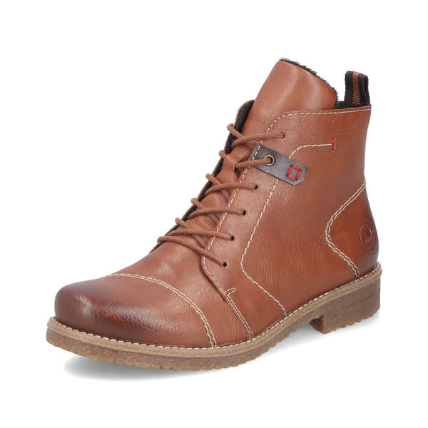 Rieker 73501-24 women's brown zip & lace ankle boots, front three-quarter view.