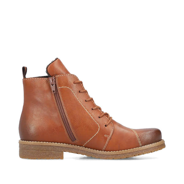 Rieker 73501-24 women's brown zip & lace ankle boots, outer side view.