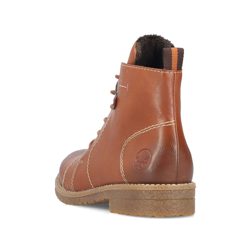 Rieker 73501-24 women's brown zip & lace ankle boots, rear three-quarter view.