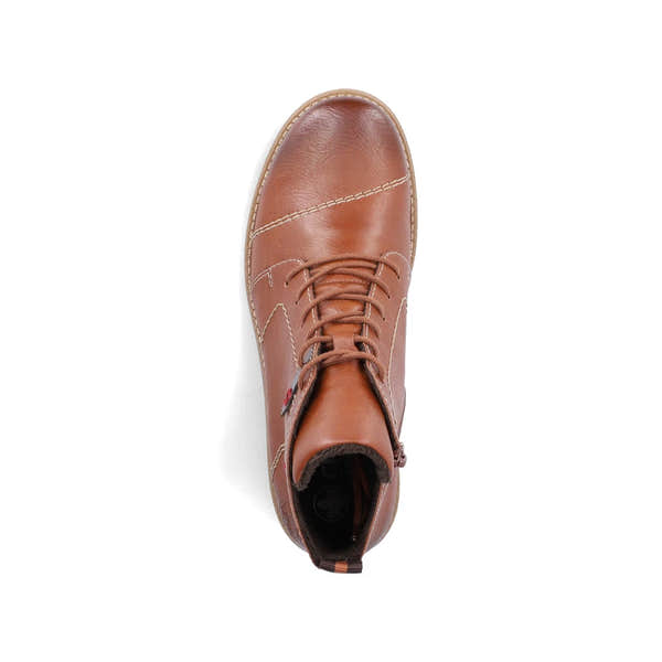 Rieker 73501-24 women's brown zip & lace ankle boots, top view.