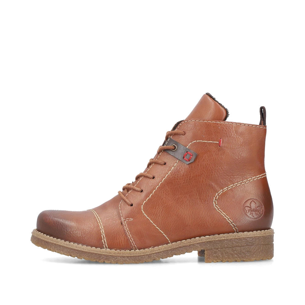 Rieker 73501-24 women's brown zip & lace ankle boots, inner side view.