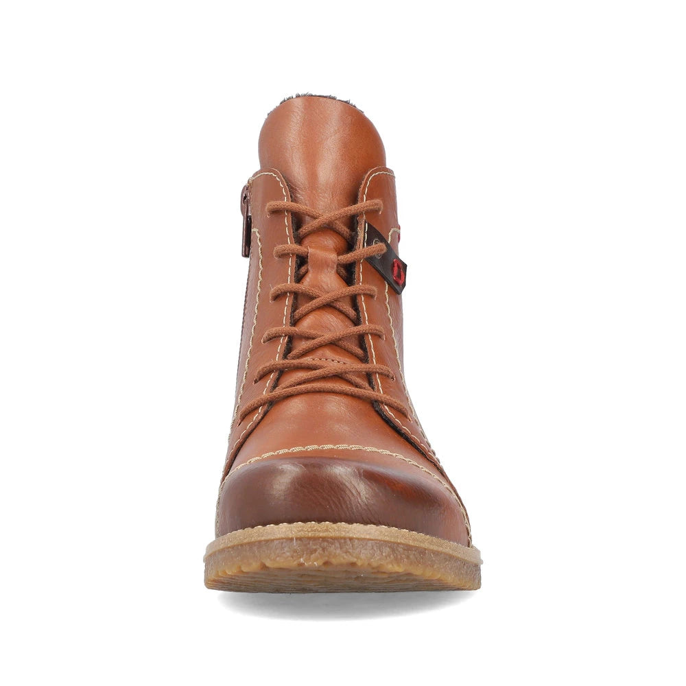 Rieker 73501-24 women's brown zip & lace ankle boots, front view.
