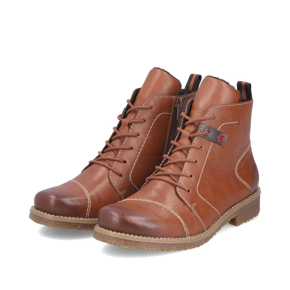 Rieker 73501-24 women's brown zip & lace ankle boots, paired three-quarter view.