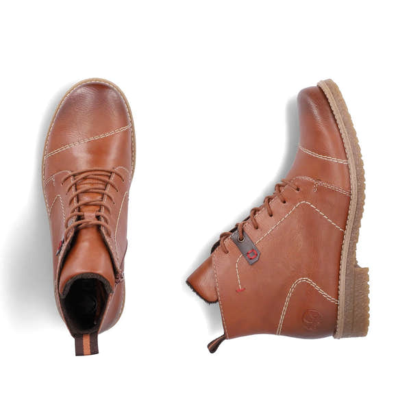 Rieker 73501-24 women's brown zip & lace ankle boots, two-angle product view.