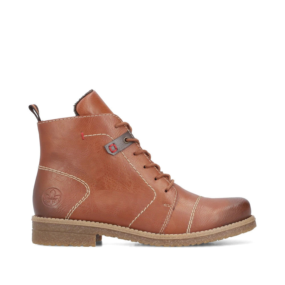 Rieker 73501-24 women's brown zip & lace ankle boots, opposite side view.