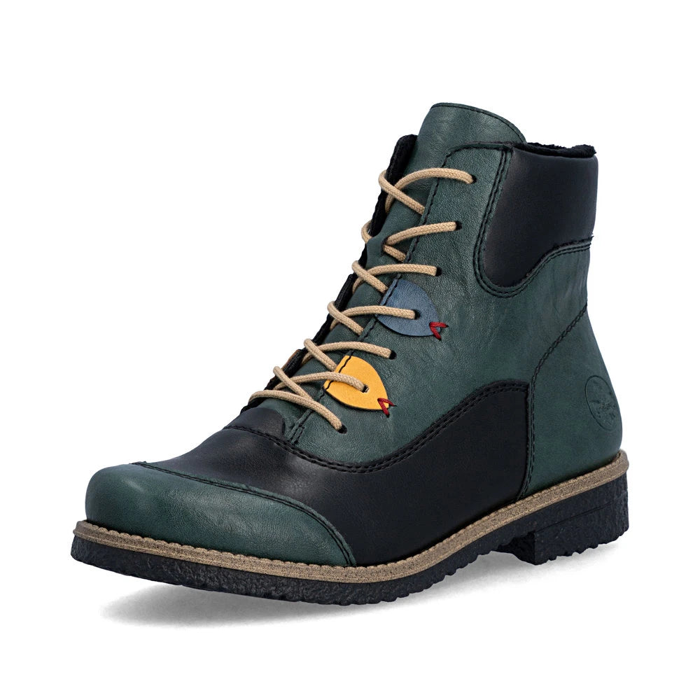 Rieker 73510-90 women's multi zip & lace ankle boots, front three-quarter view.