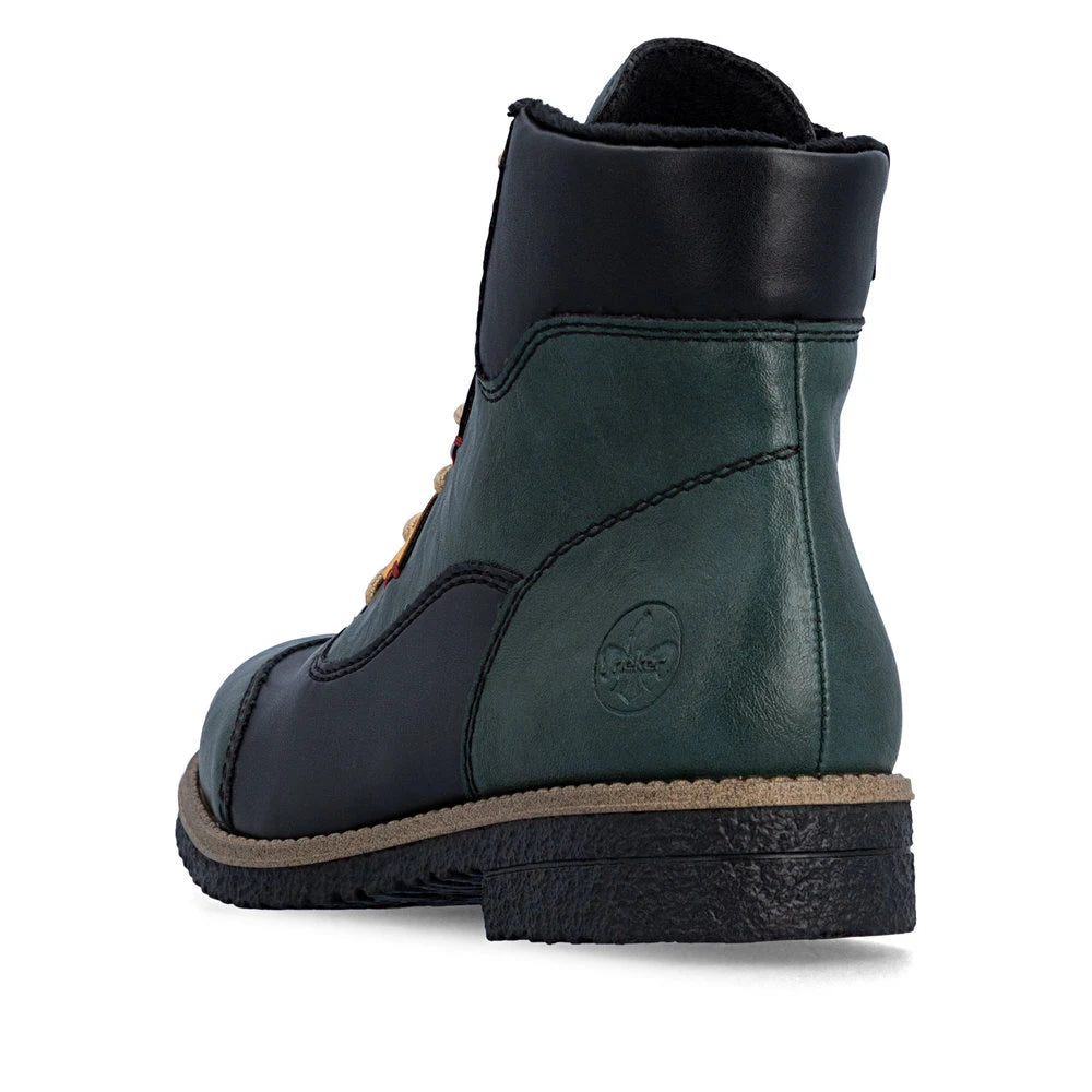 Rieker 73510-90 women's multi zip & lace ankle boots, rear three-quarter view.