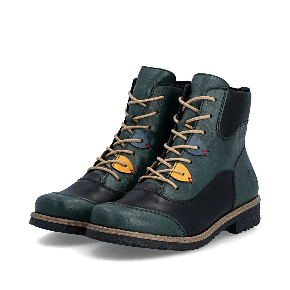 Rieker 73510-90 women's multi zip & lace ankle boots, paired three-quarter view.