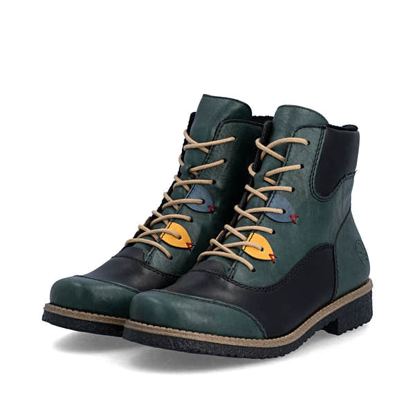 Rieker 73510-90 women's multi zip & lace ankle boots, paired three-quarter view.