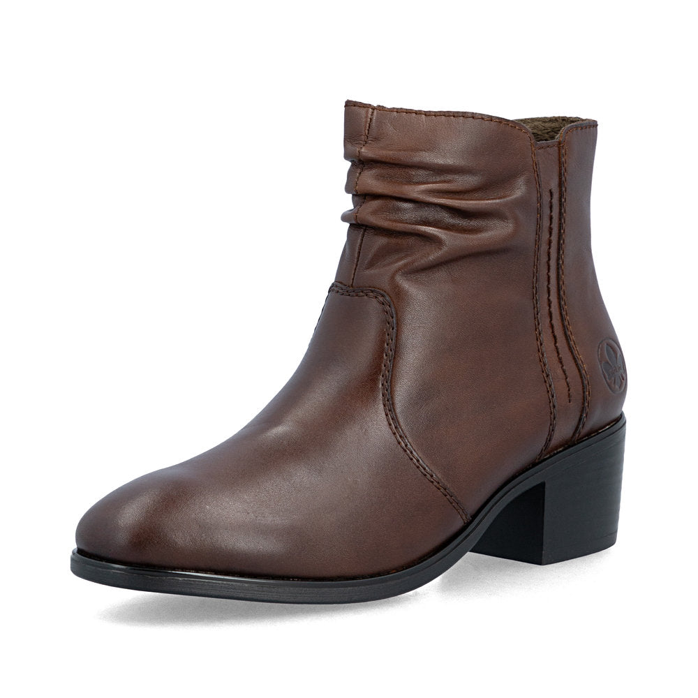 Rieker 73953-27 women's brown leather side zip ankle boots, front three-quarter view.