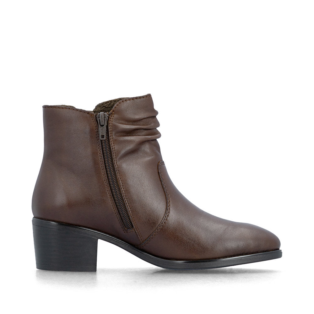 Rieker 73953-27 women's brown leather side zip ankle boots, outer side view.