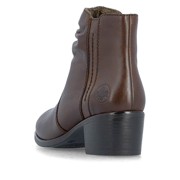 Rieker 73953-27 women's brown leather side zip ankle boots, rear three-quarter view.
