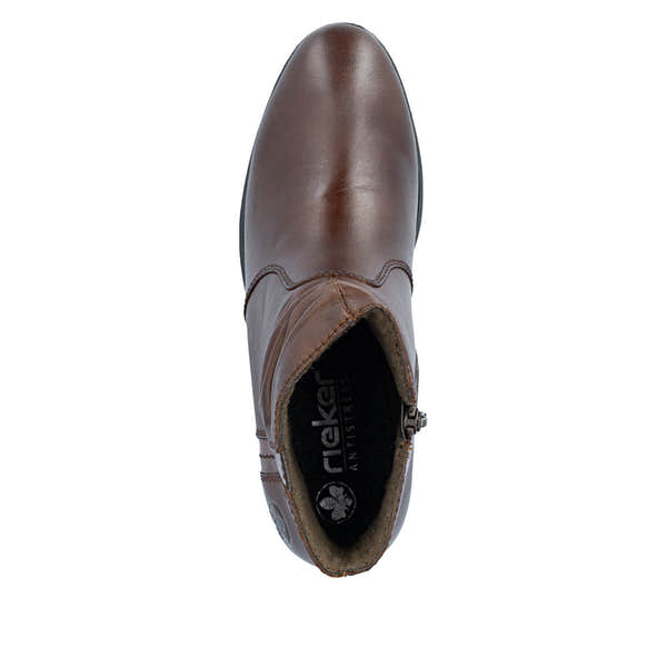 Rieker 73953-27 women's brown leather side zip ankle boots, top view.
