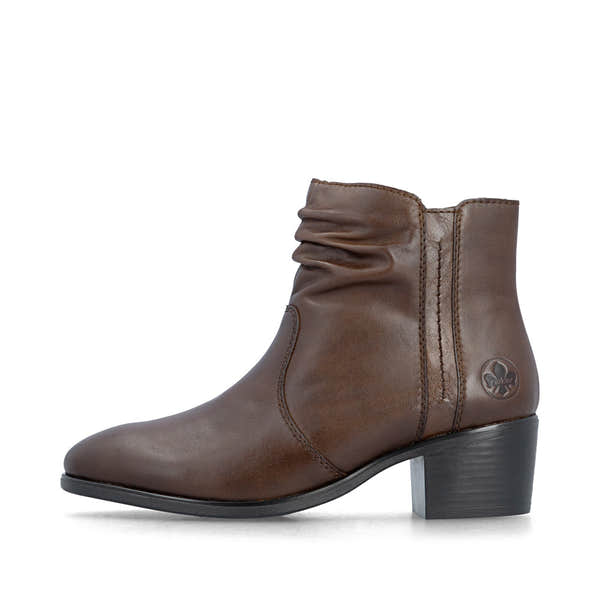 Rieker 73953-27 women's brown leather side zip ankle boots, inner side view.