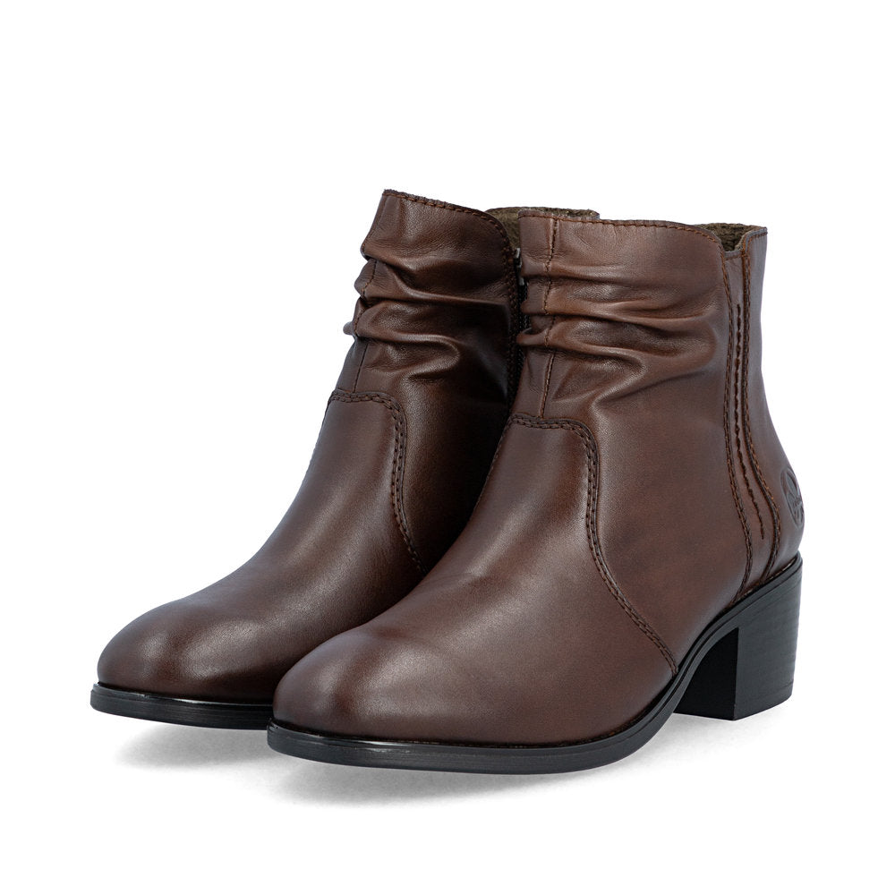 Rieker 73953-27 women's brown leather side zip ankle boots, paired three-quarter view.